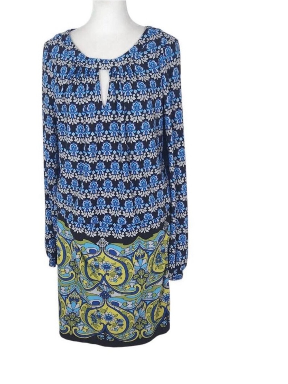 London Times Blue and Green Print Blouson Mini Dress Size 10 Wedding Guest Dress